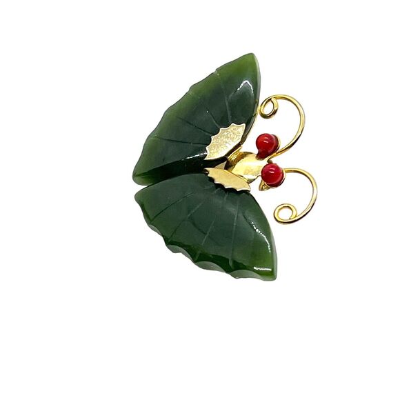 Butterfly Brooch Pin Coral Eyes 1960s Vintage Nephrite Jade Retro Gold Tone - Picture 4 of 15